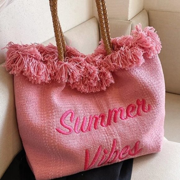 Fringe Trim canvas  Letter Embroidered Crochet Bag pink - Picture 2 of 4